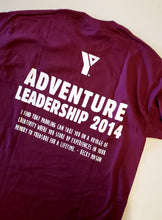 Maroon Adventure Leadership 2014 Tee back, YMCA logo above "ADVENTURE LEADERSHIP 2014" followed by "I FIND THAT PADDLING CAN TAKE YOU ON A VOYAGE OF CREATIVITY WHERE YOU STORE UP EXPERIENCES IN YOUR MEMORY TO TREASURE FOR A LIFETIME - BECKY MASON" All text is in white, caps, and centered on back of shirt.